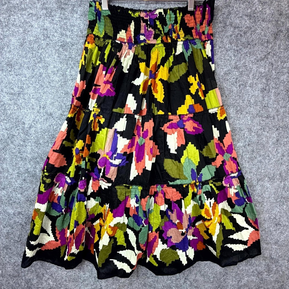 Chaudry‎ Skirts Women Medium Black Digital Floral Pleated Smocked Ruffle Tiered